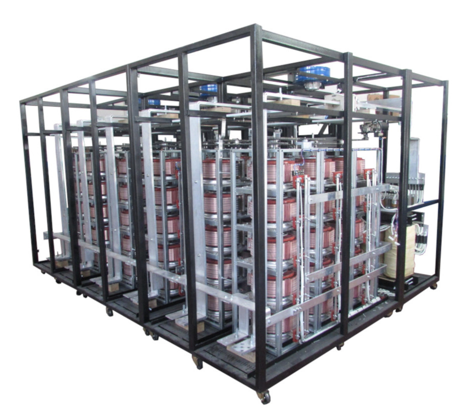 Industrial voltage stabilizer cabinet with panels removed showing internal components